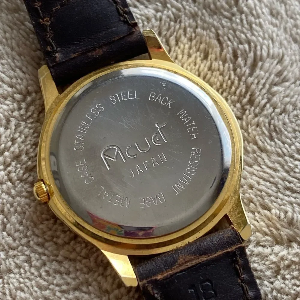 Acugi Japanese Gold Watch with Black Leather Strap